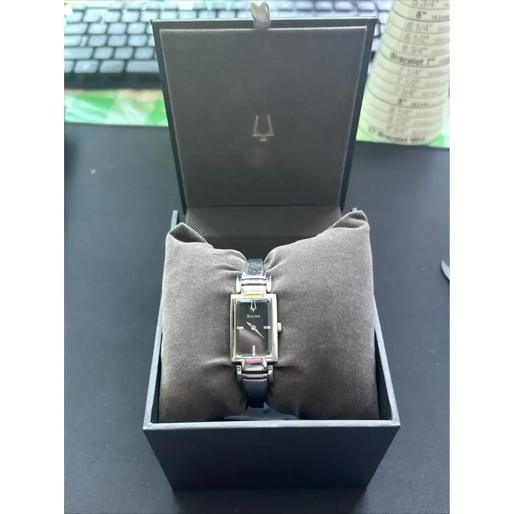Bulova Black Dial Silver Case And Band Women’s Quartz Watch ( With Box)